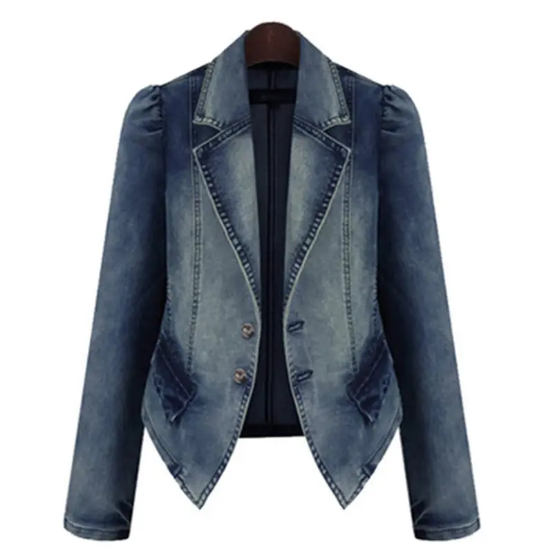 Women Denim Jacket Blue Slim Fit Long Sleeve Collar Coat - Image 3