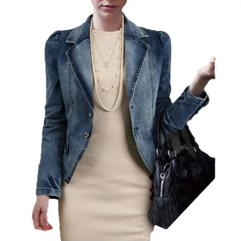 Women Denim Jacket Blue Slim Fit Long Sleeve Collar Coat - Image 5
