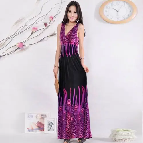 Peacock Flower Long Dress Purple Black V-Neck Large - Image 2