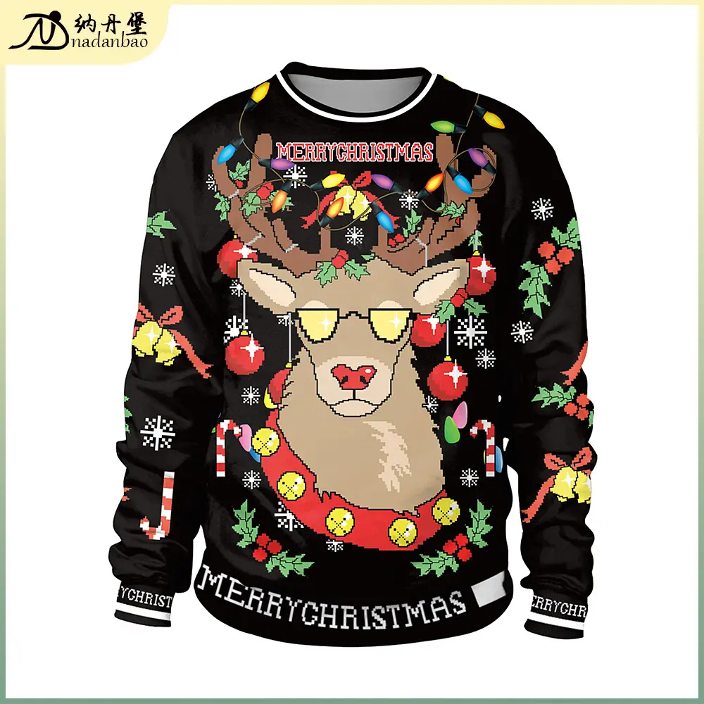 2024 Christmas Reindeer Digital Print Pullover Sweater Black