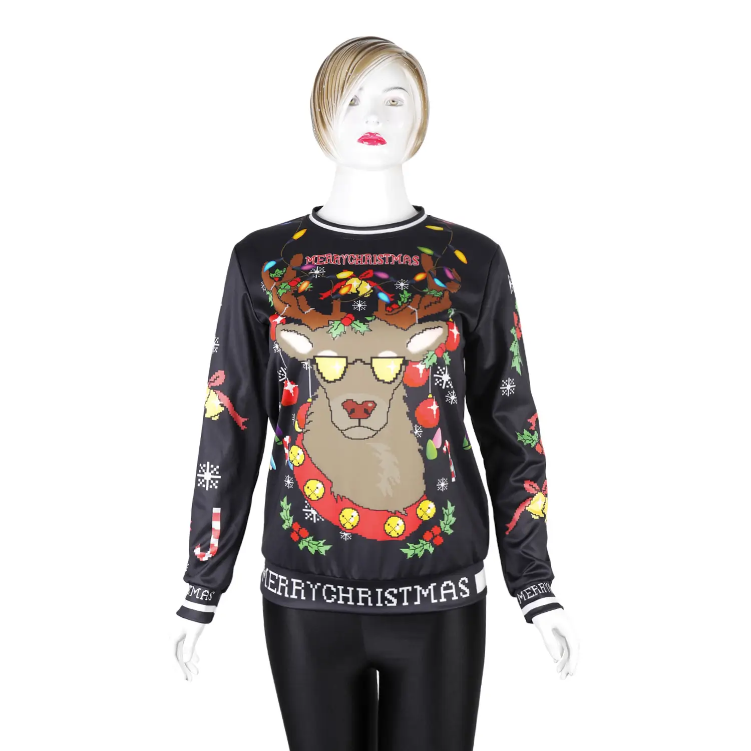 2024 Christmas Reindeer Digital Print Pullover Sweater Black