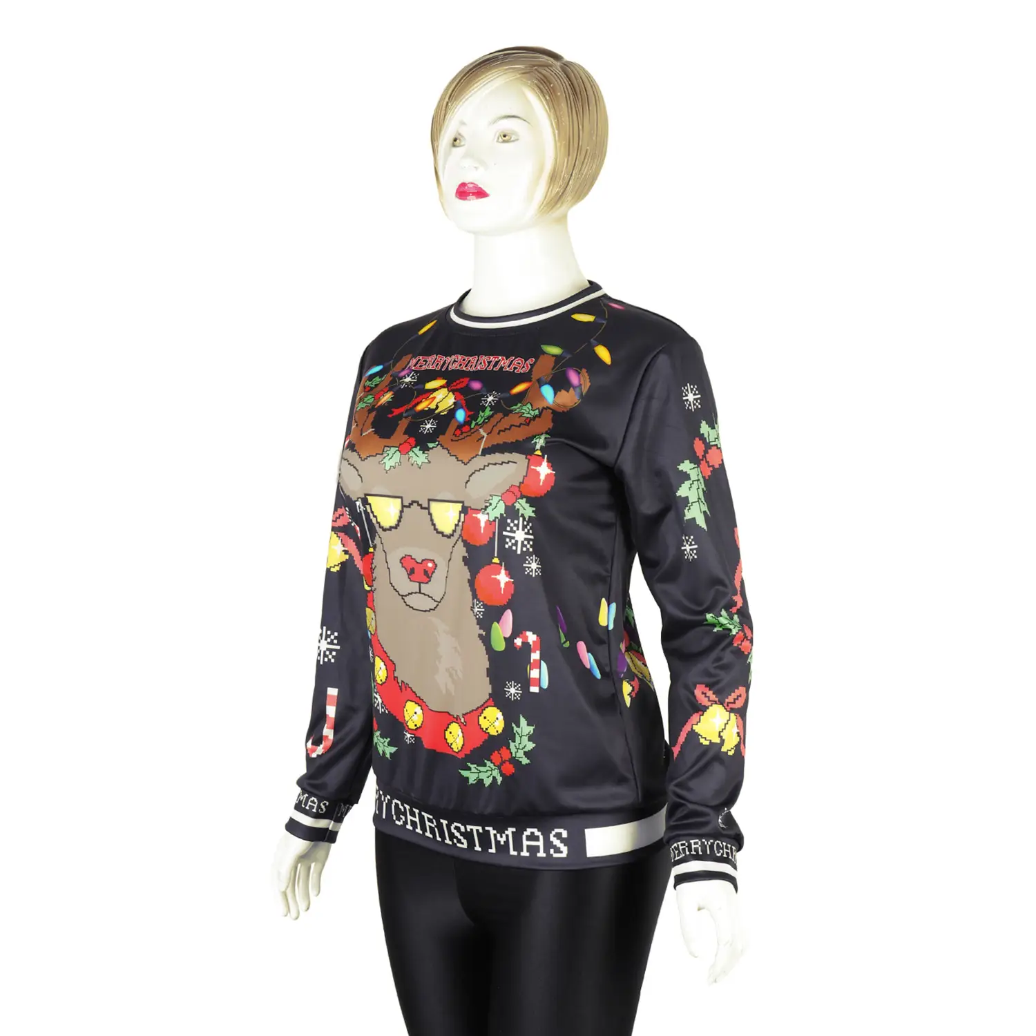 2024 Christmas Reindeer Digital Print Pullover Sweater Black