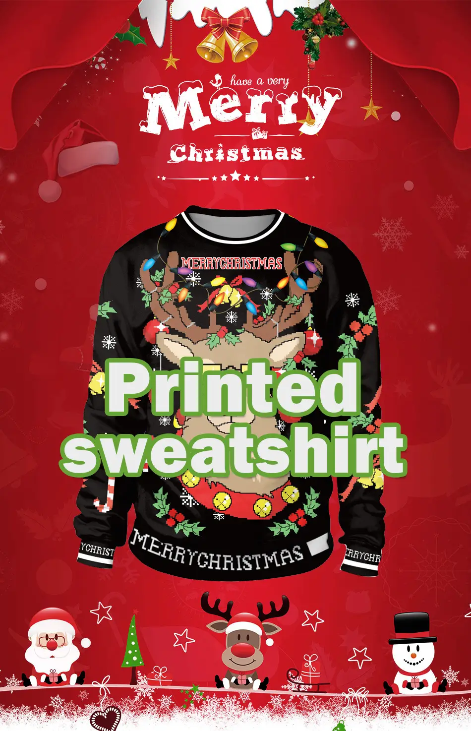2024 Christmas Reindeer Digital Print Pullover Sweater Black — feature 5