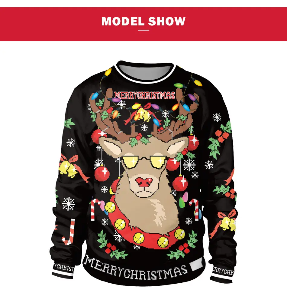 2024 Christmas Reindeer Digital Print Pullover Sweater Black — feature 8