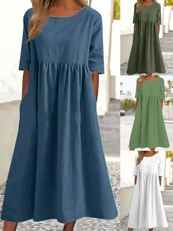 2024 Summer Cotton Linen Pocket Pleated Dress Blue - Image 10