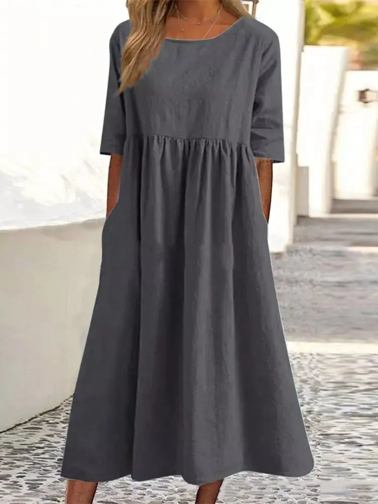 2024 Summer Cotton Linen Pocket Pleated Dress Blue - Image 2