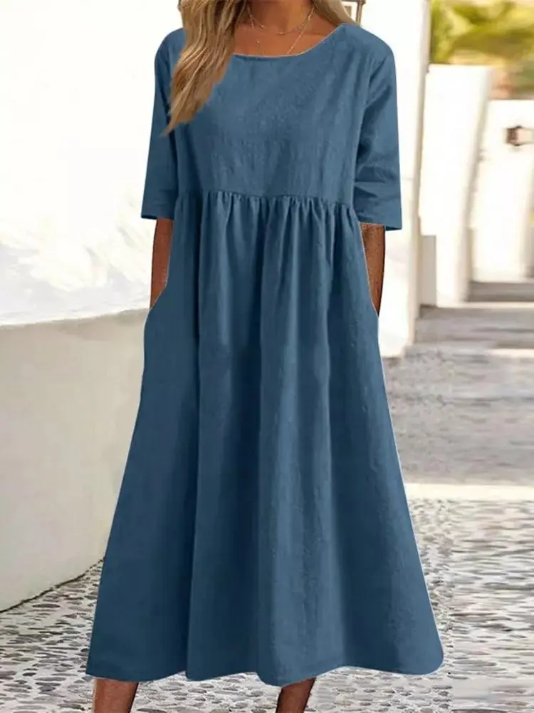 2024 Summer Cotton Linen Pocket Pleated Dress Blue - Image 6