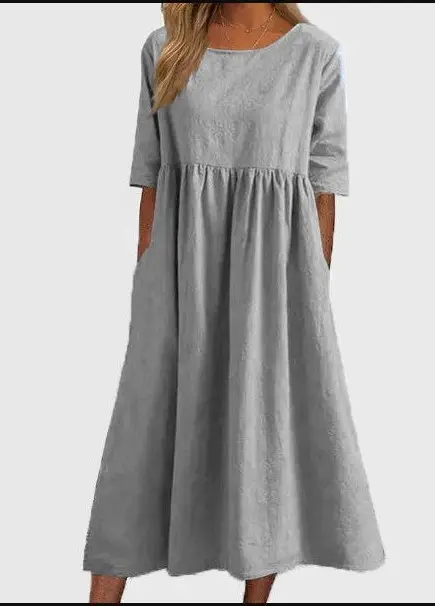 2024 Summer Cotton Linen Pocket Pleated Dress Blue - Image 8