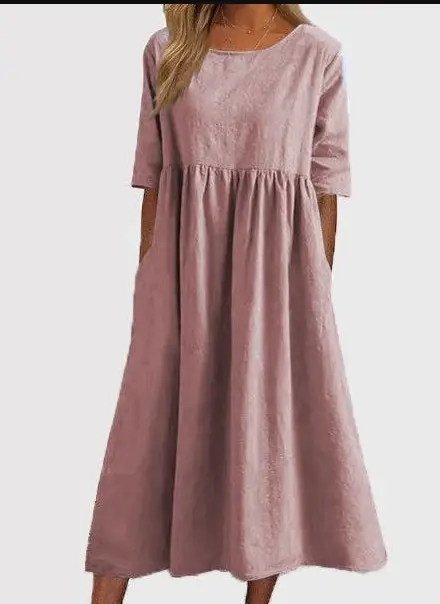2024 Summer Cotton Linen Pocket Pleated Dress Blue - Image 9