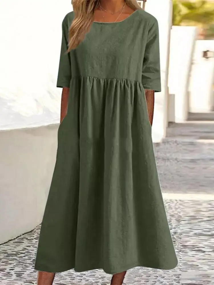 2024 Summer Cotton Linen Pocket Pleated Dress Blue - Image 3