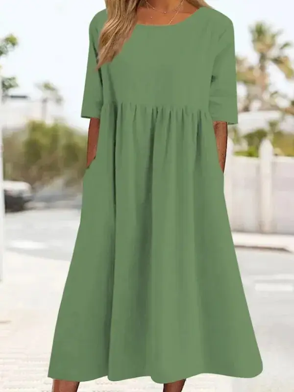 2024 Summer Cotton Linen Pocket Pleated Dress Blue - Image 4