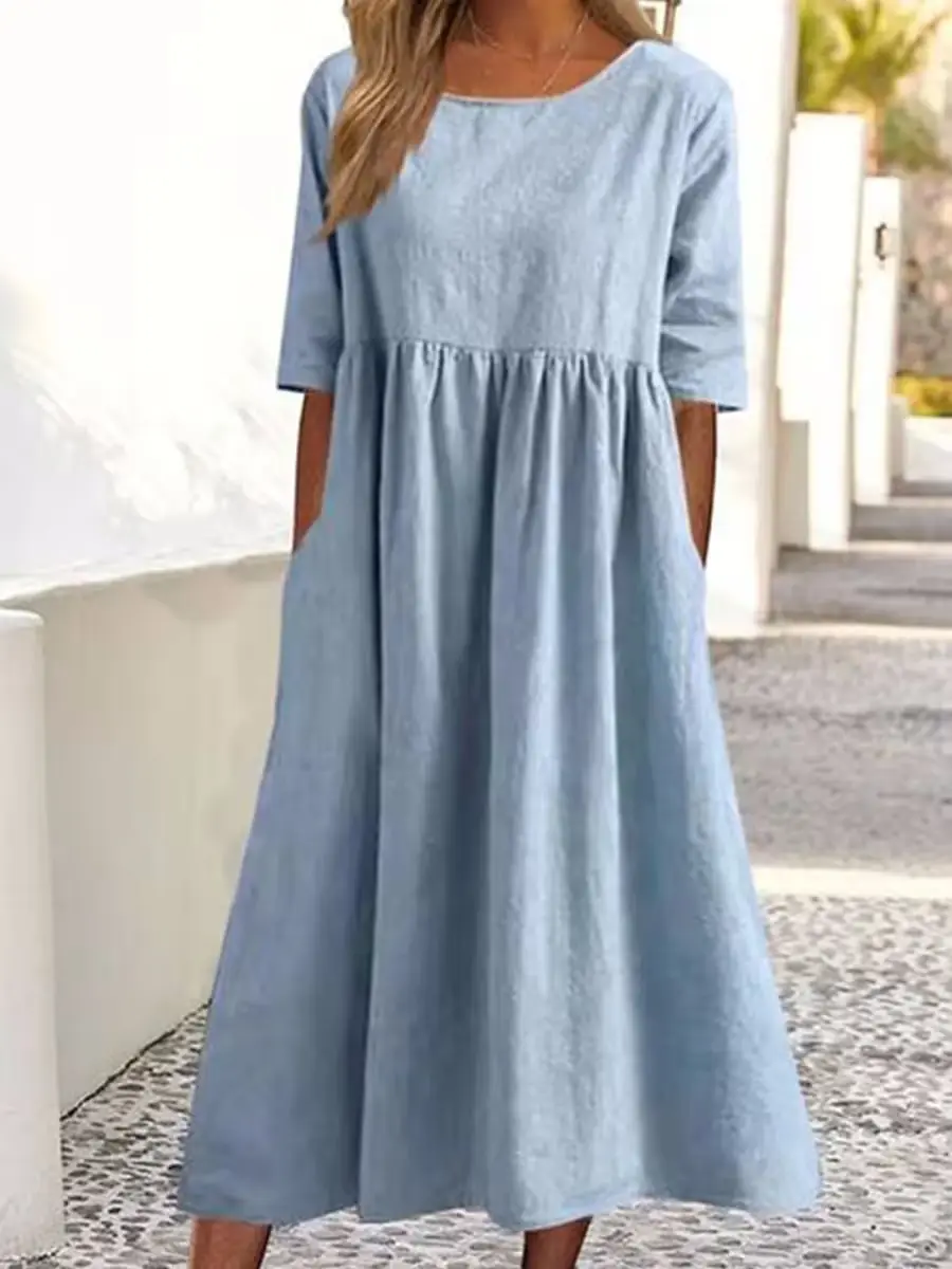 2024 Summer Cotton Linen Pocket Pleated Dress Blue - Image 7