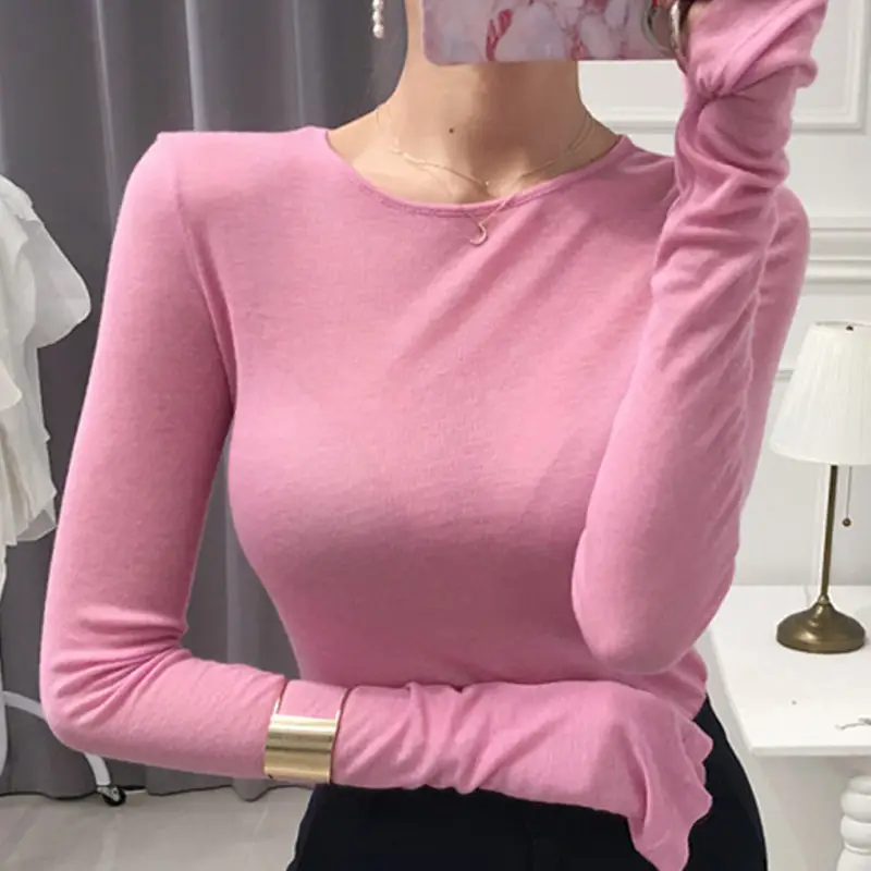 Pink Slimming Round Neck T-Shirt Top with Long Sleeve - Image 20