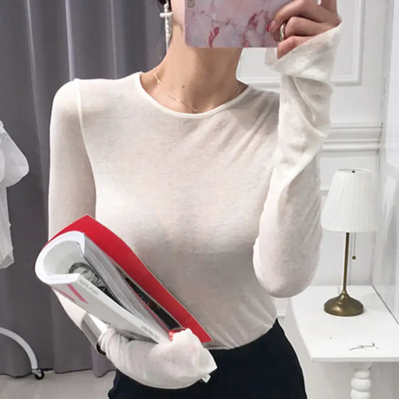 Pink Slimming Round Neck T-Shirt Top with Long Sleeve - Image 21