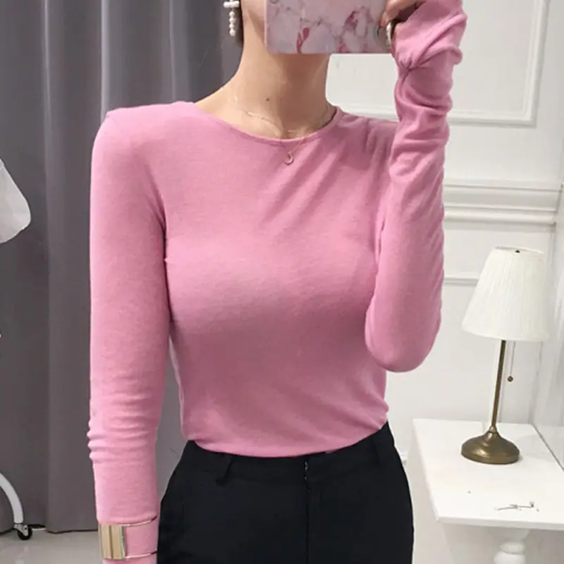 Pink Slimming Round Neck T-Shirt Top with Long Sleeve - Image 22