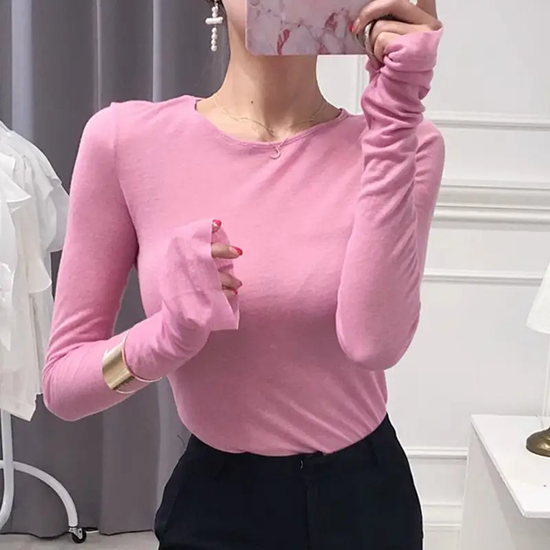 Pink Slimming Round Neck T-Shirt Top with Long Sleeve - Image 23