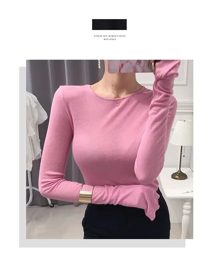 Pink Slimming Round Neck T-Shirt Top with Long Sleeve — feature 1