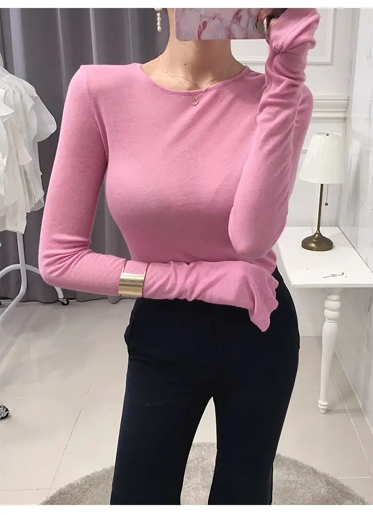 Pink Slimming Round Neck T-Shirt Top with Long Sleeve — feature 10