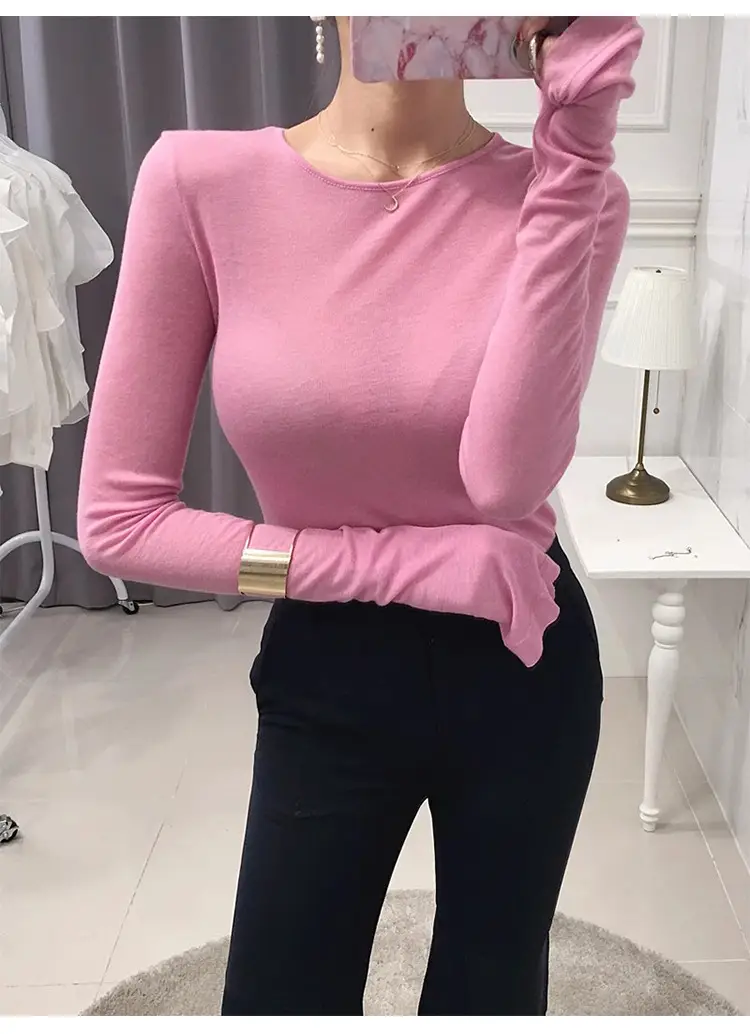 Pink Slimming Round Neck T-Shirt Top with Long Sleeve — feature 11