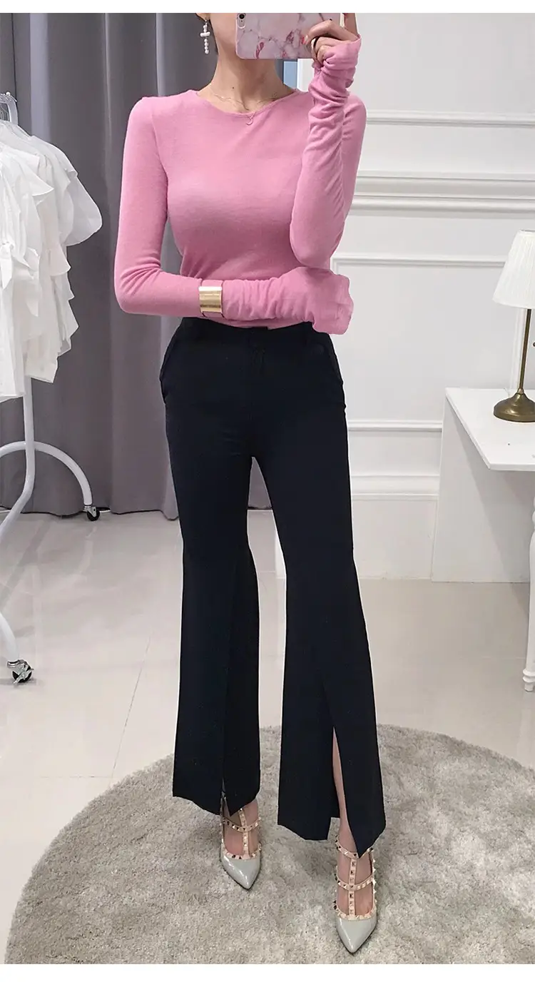 Pink Slimming Round Neck T-Shirt Top with Long Sleeve — feature 12