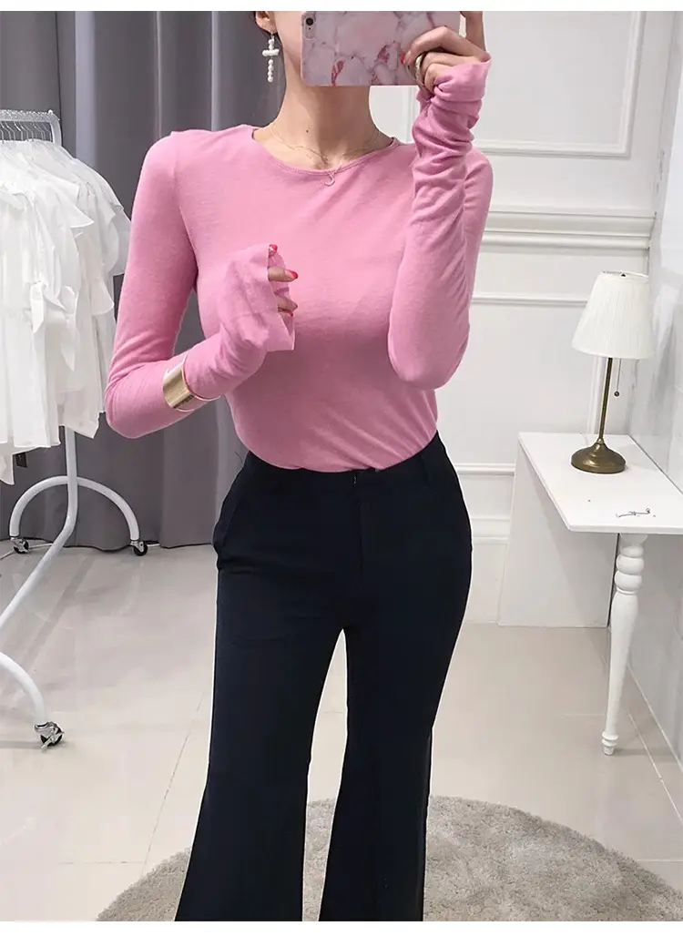 Pink Slimming Round Neck T-Shirt Top with Long Sleeve — feature 13