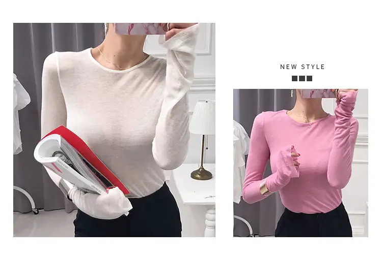 Pink Slimming Round Neck T-Shirt Top with Long Sleeve — feature 2