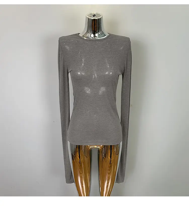 Pink Slimming Round Neck T-Shirt Top with Long Sleeve — feature 30