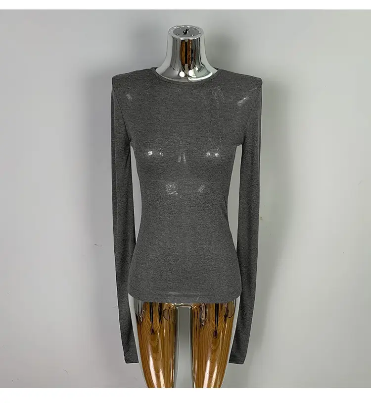 Pink Slimming Round Neck T-Shirt Top with Long Sleeve — feature 31