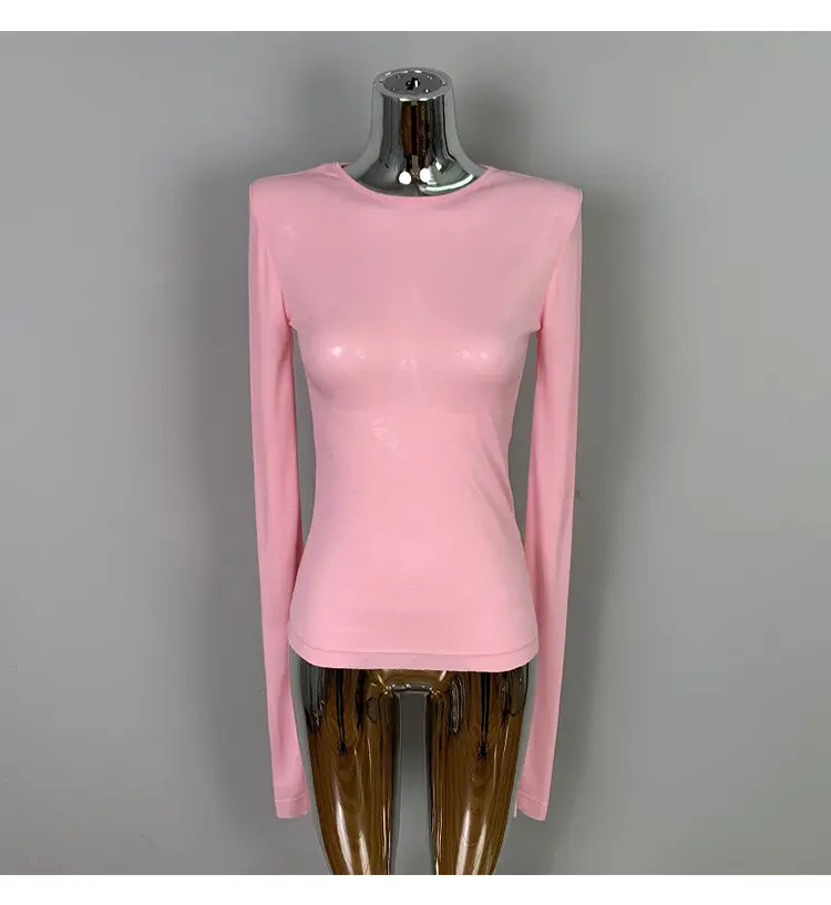 Pink Slimming Round Neck T-Shirt Top with Long Sleeve — feature 32