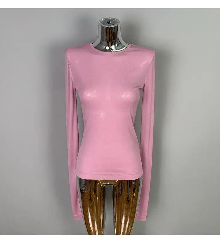 Pink Slimming Round Neck T-Shirt Top with Long Sleeve — feature 33