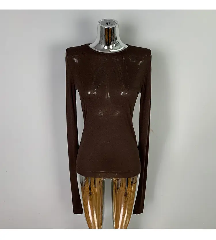 Pink Slimming Round Neck T-Shirt Top with Long Sleeve — feature 38