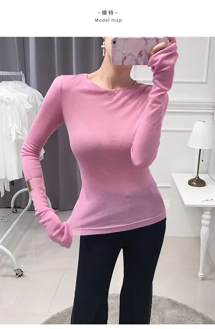 Pink Slimming Round Neck T-Shirt Top with Long Sleeve — feature 6