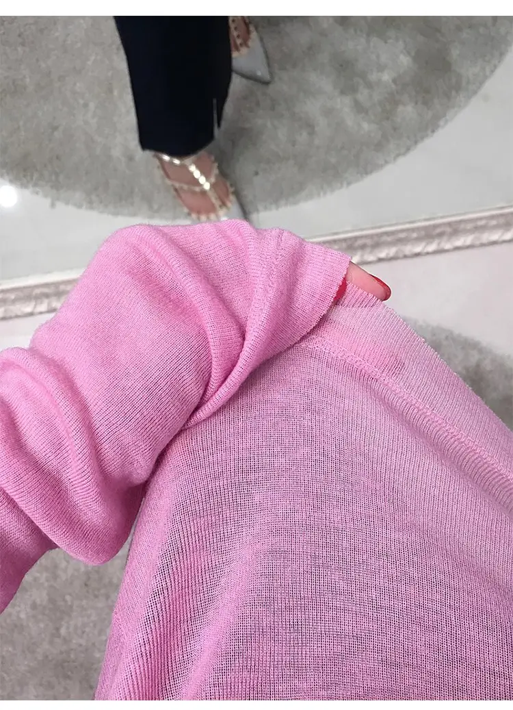 Pink Slimming Round Neck T-Shirt Top with Long Sleeve — feature 7