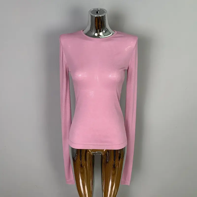 Pink Slimming Round Neck T-Shirt Top with Long Sleeve - Image 2