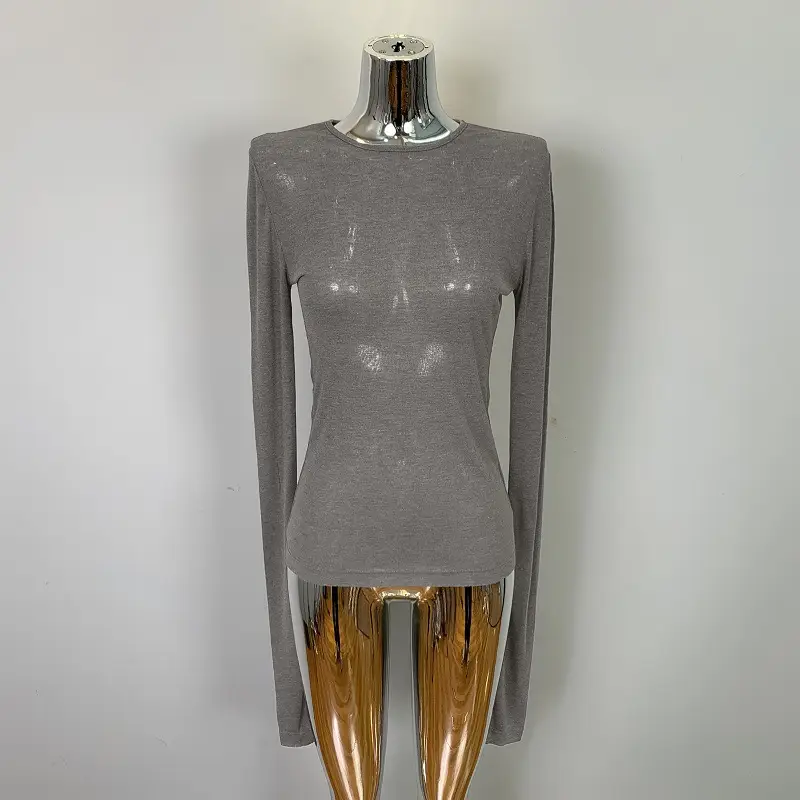 Pink Slimming Round Neck T-Shirt Top with Long Sleeve - Image 5