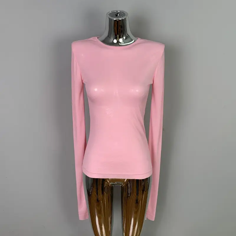 Pink Slimming Round Neck T-Shirt Top with Long Sleeve - Image 7
