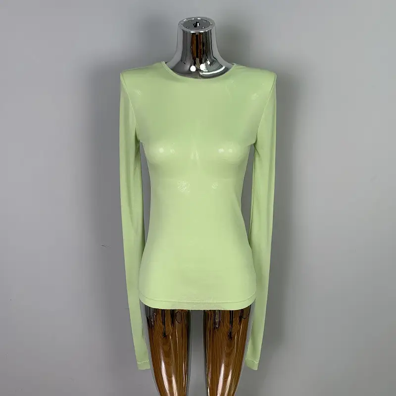 Pink Slimming Round Neck T-Shirt Top with Long Sleeve - Image 8