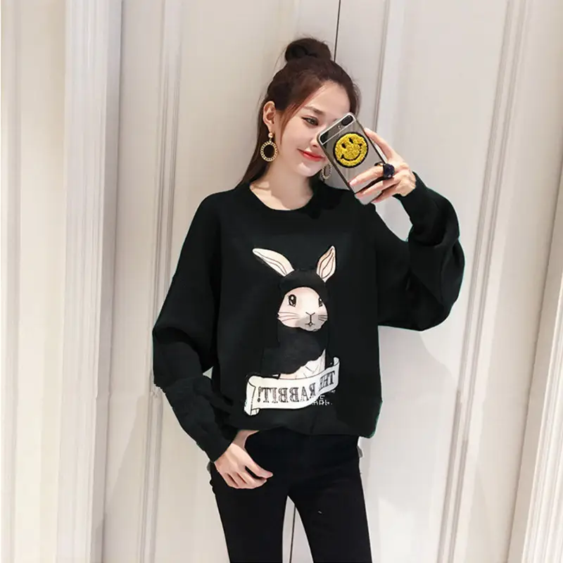 Women's Fleece Lined Sweatshirt Set Black Rabbit Print - Image 7