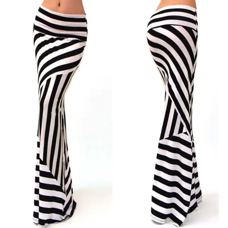 Women's Blue Black White Striped High Waist Skirt - Image 24