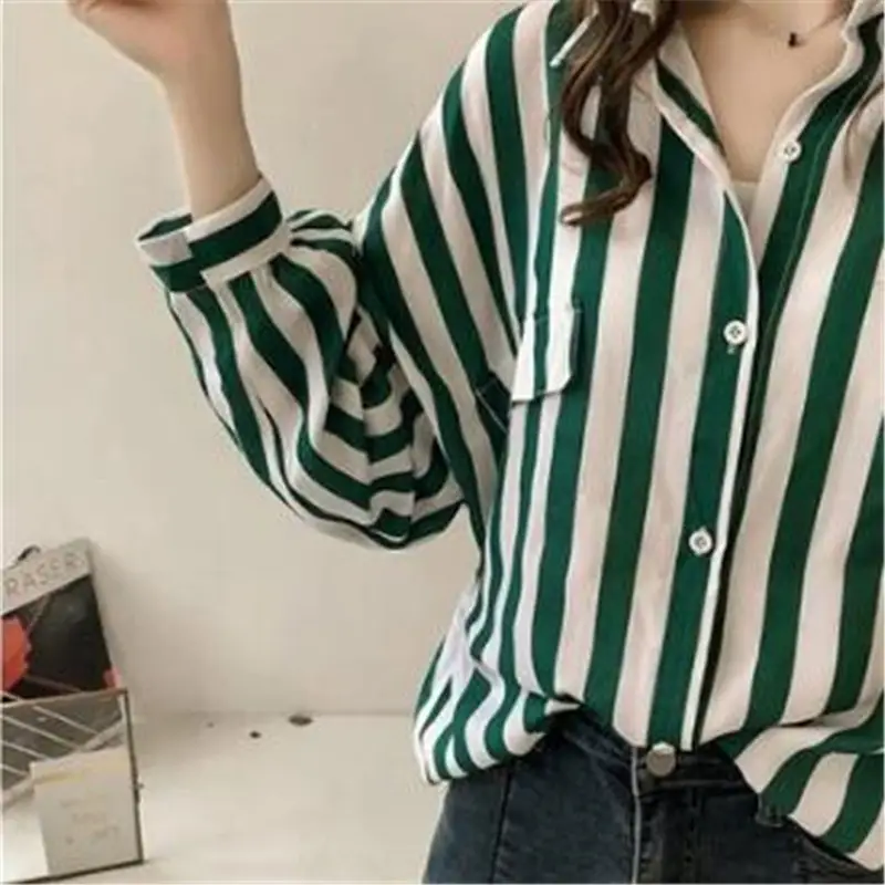 Women's Green Striped Long Sleeve Shirt for Plus Size - Image 5