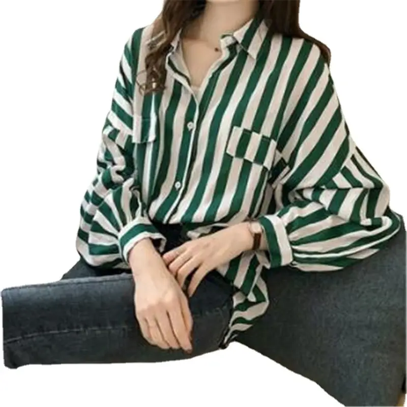 Women's Green Striped Long Sleeve Shirt for Plus Size - Image 7