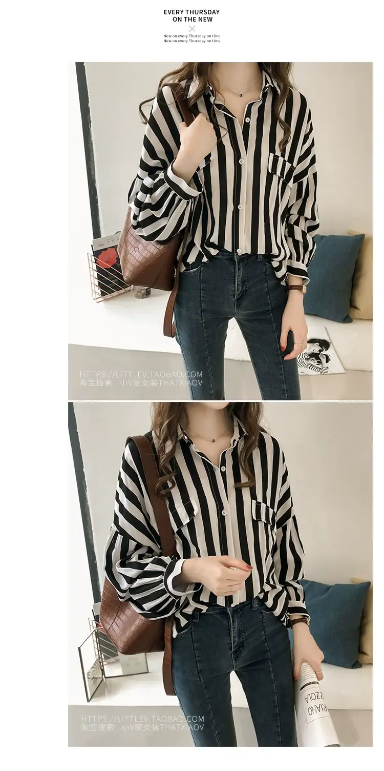 Women's Green Striped Long Sleeve Shirt for Plus Size — feature 6