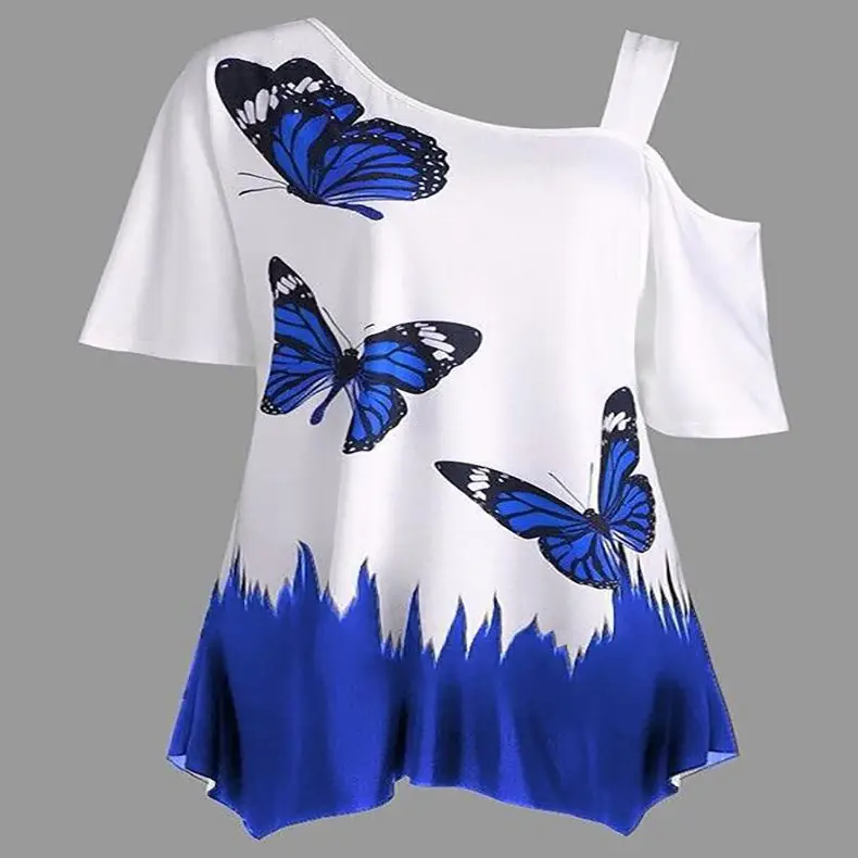 Women Butterfly Print Shoulder Strap T-Shirt White Blue