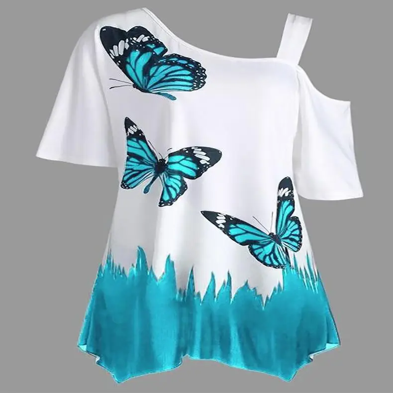 Women Butterfly Print Shoulder Strap T-Shirt White Blue