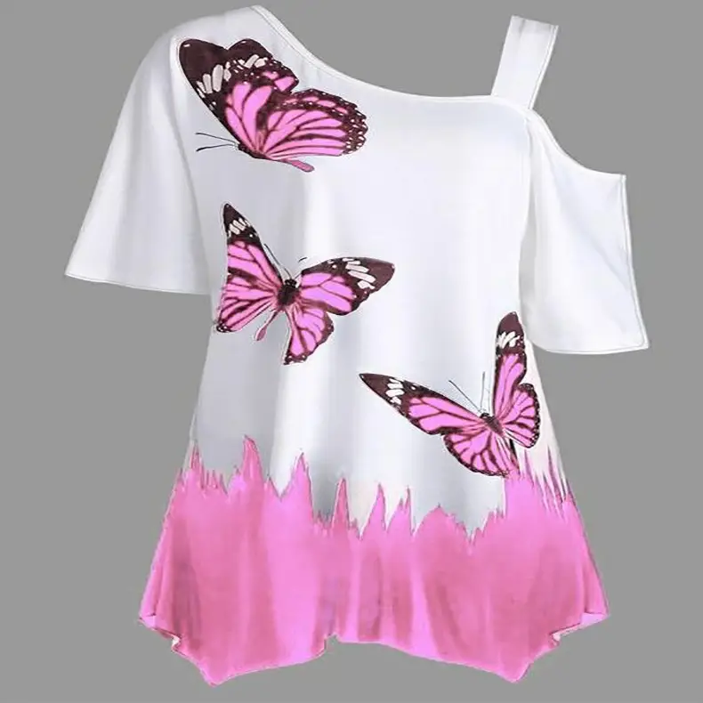 Women Butterfly Print Shoulder Strap T-Shirt White Blue