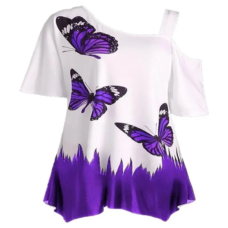 Women Butterfly Print Shoulder Strap T-Shirt White Blue