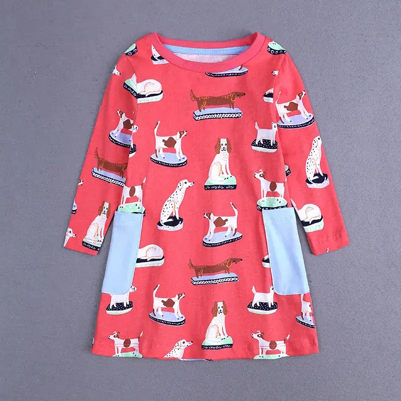 Girls Long Sleeve Printed Dress Red Blue Kids Autumn - Image 3