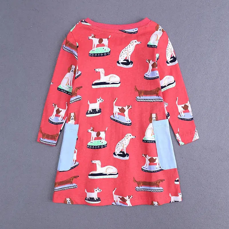 Girls Long Sleeve Printed Dress Red Blue Kids Autumn - Image 4