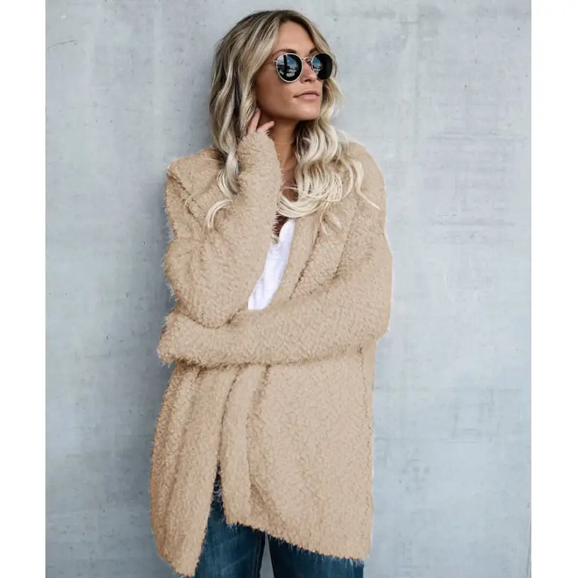 Women Hooded Cardigan Top Coat Grey Winter Outerwear