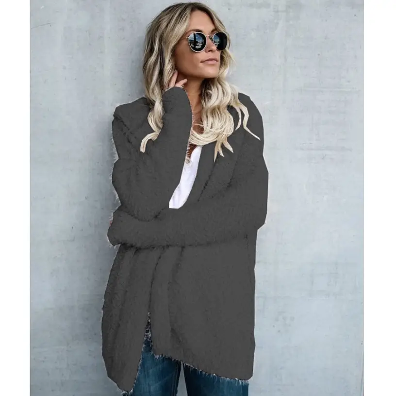 Women Hooded Cardigan Top Coat Grey Winter Outerwear